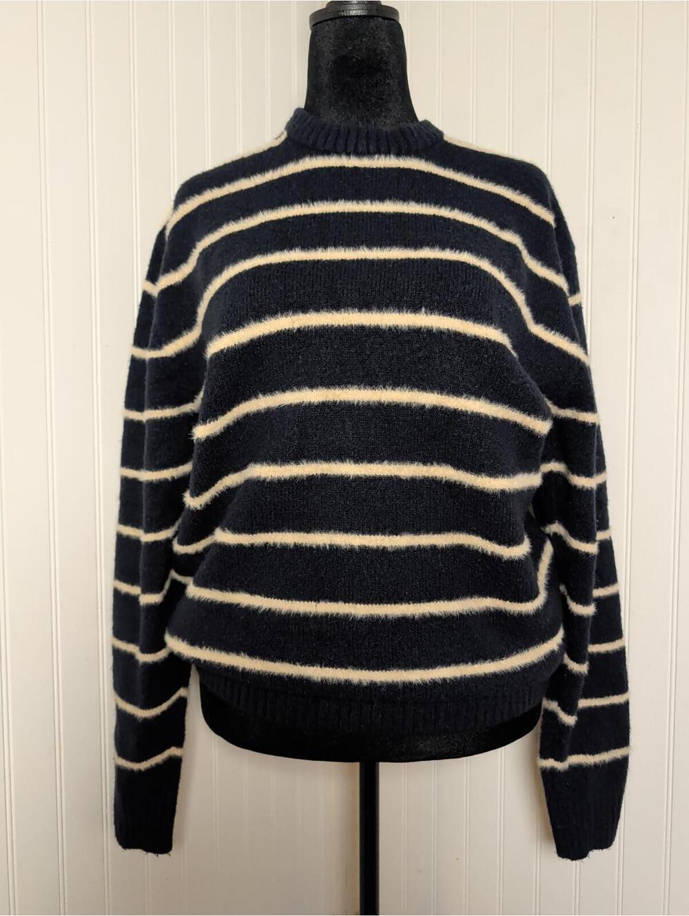 Zara Navy Blue and Cream Striped Sweater Size L